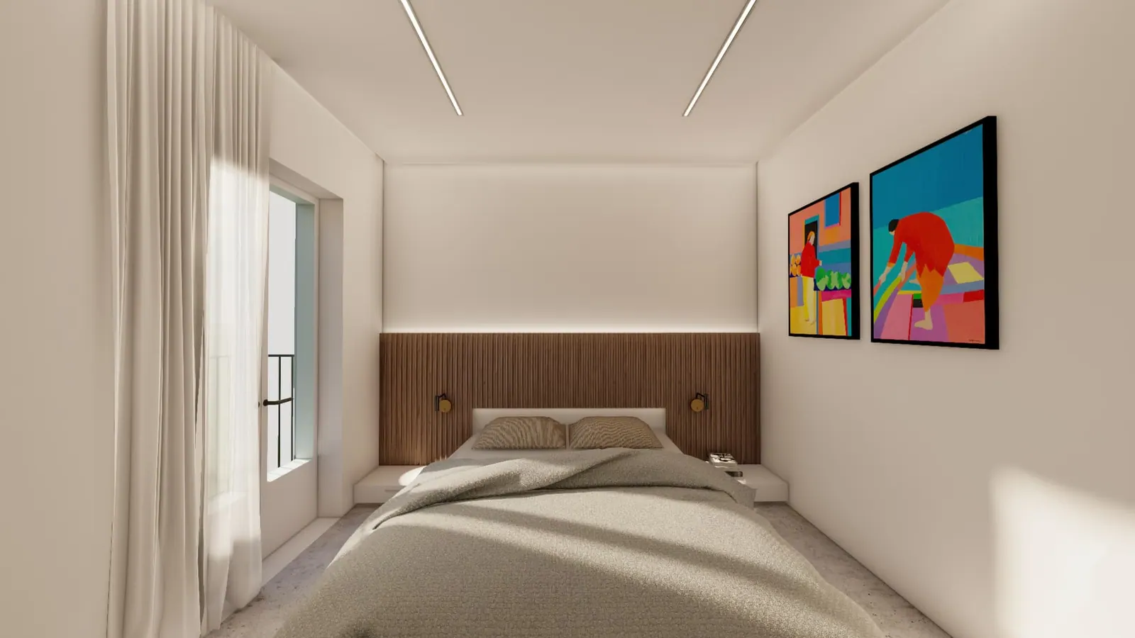 LLd student accommodation proposal — bedroom with vertical wood-slat headboard, art prints and large window