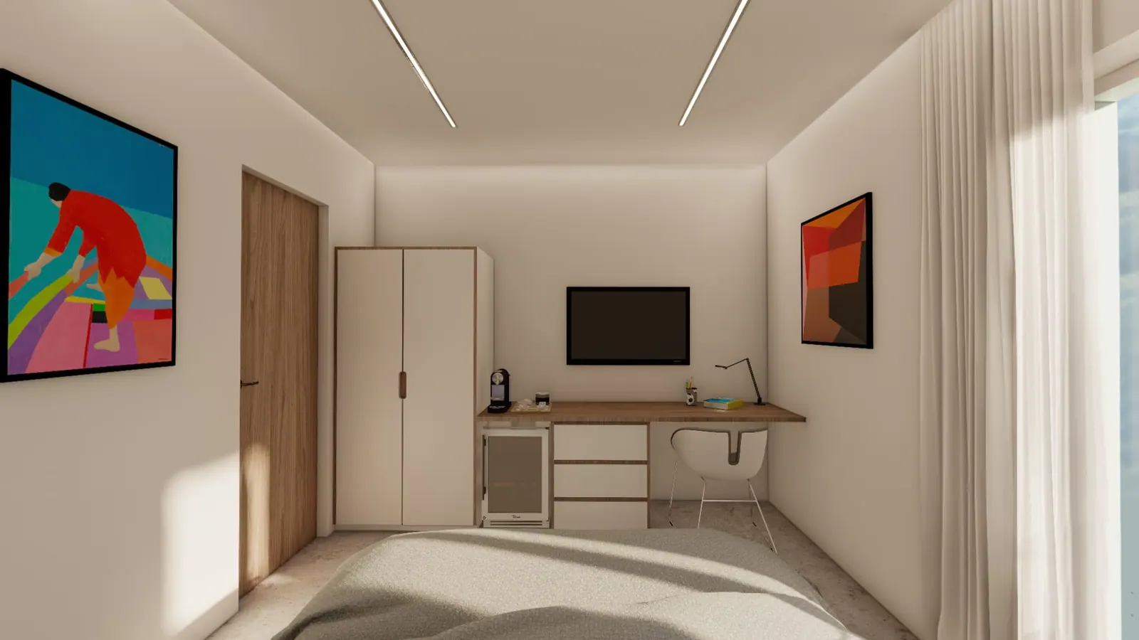LLd student accommodation proposal — bedroom with desk, mini-fridge and white wardrobe beside entrance door