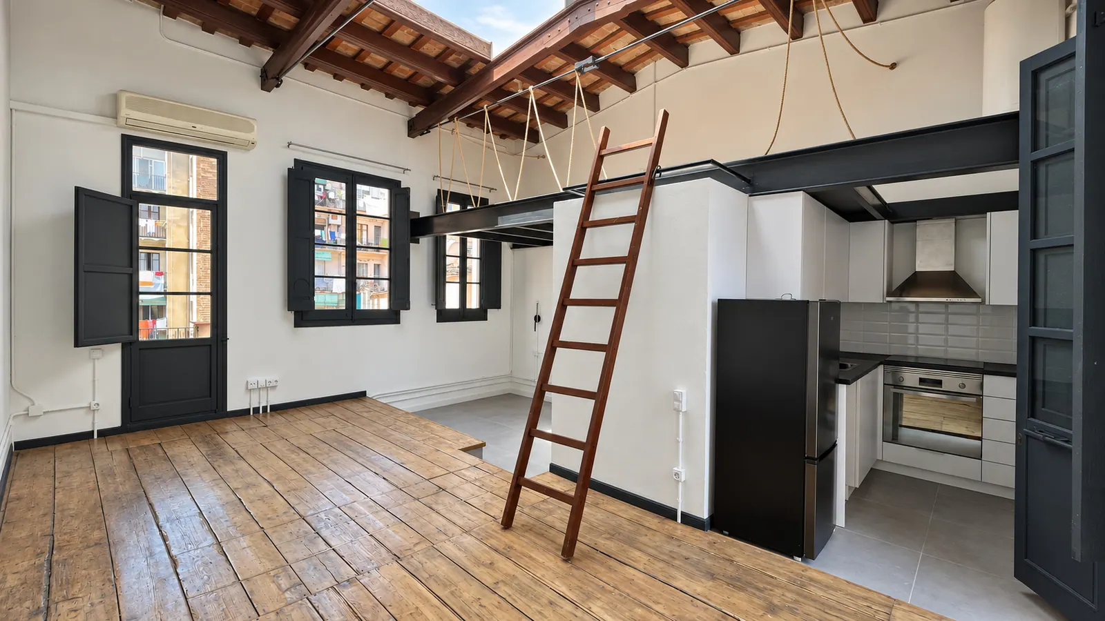 AiP third-floor living area to kitchen overview
