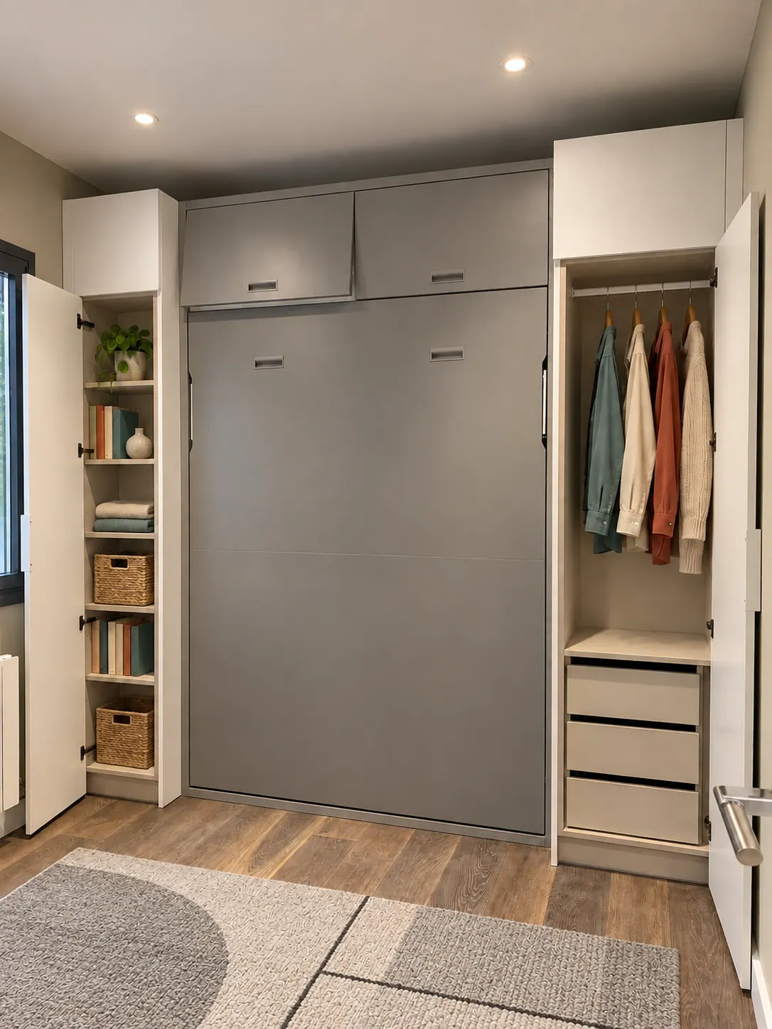 BiG guest room with grey Murphy bed flanked by white storage cabinets and shelving