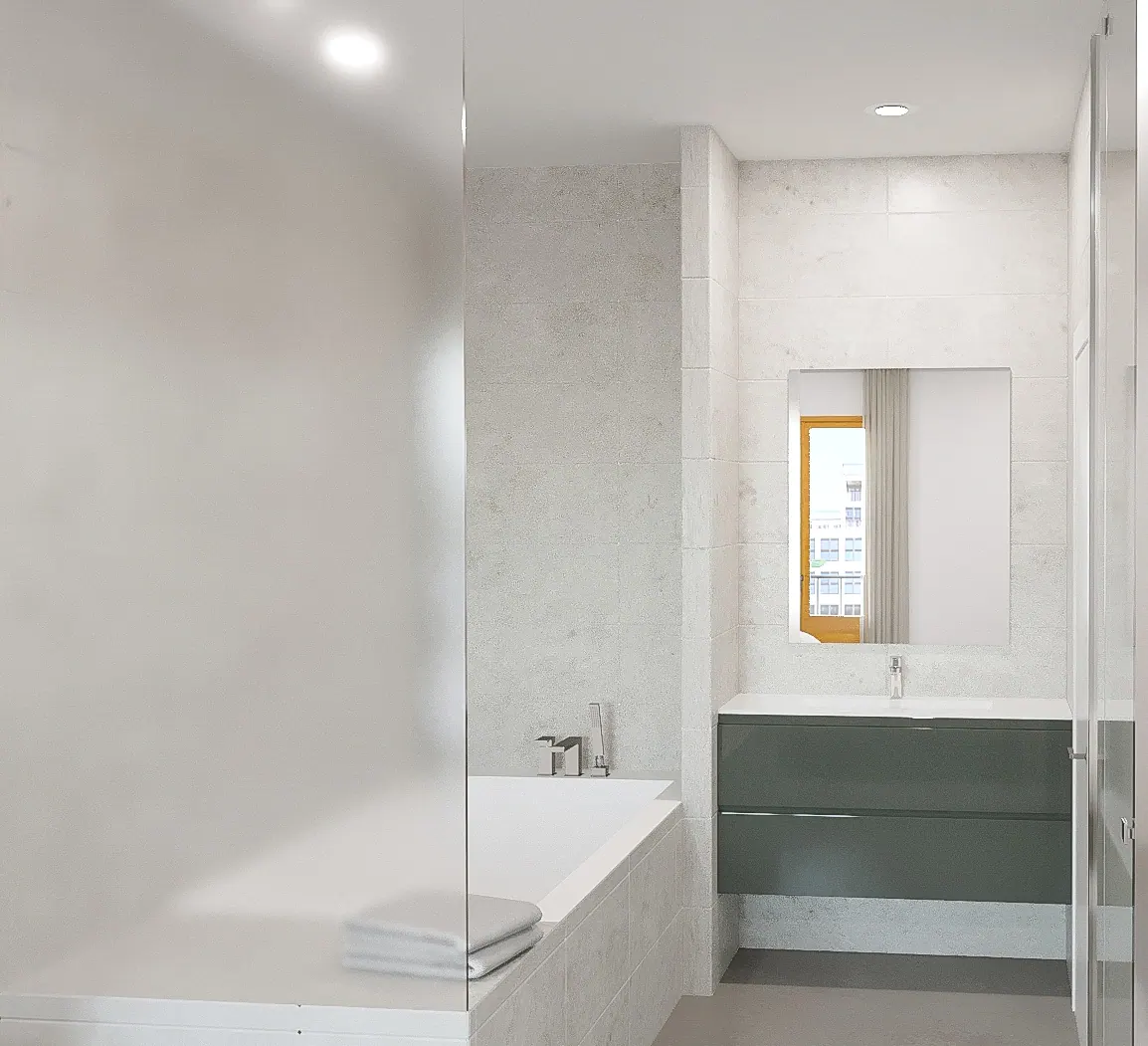 LLd luxury apartment proposal — bathroom with white bathtub and dark green floating vanity behind frosted glass
