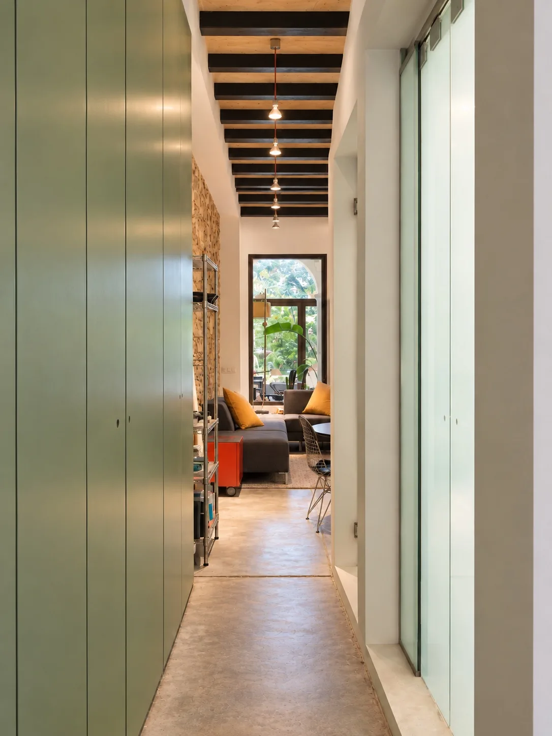 AiP ground floor hallway with green storage wall