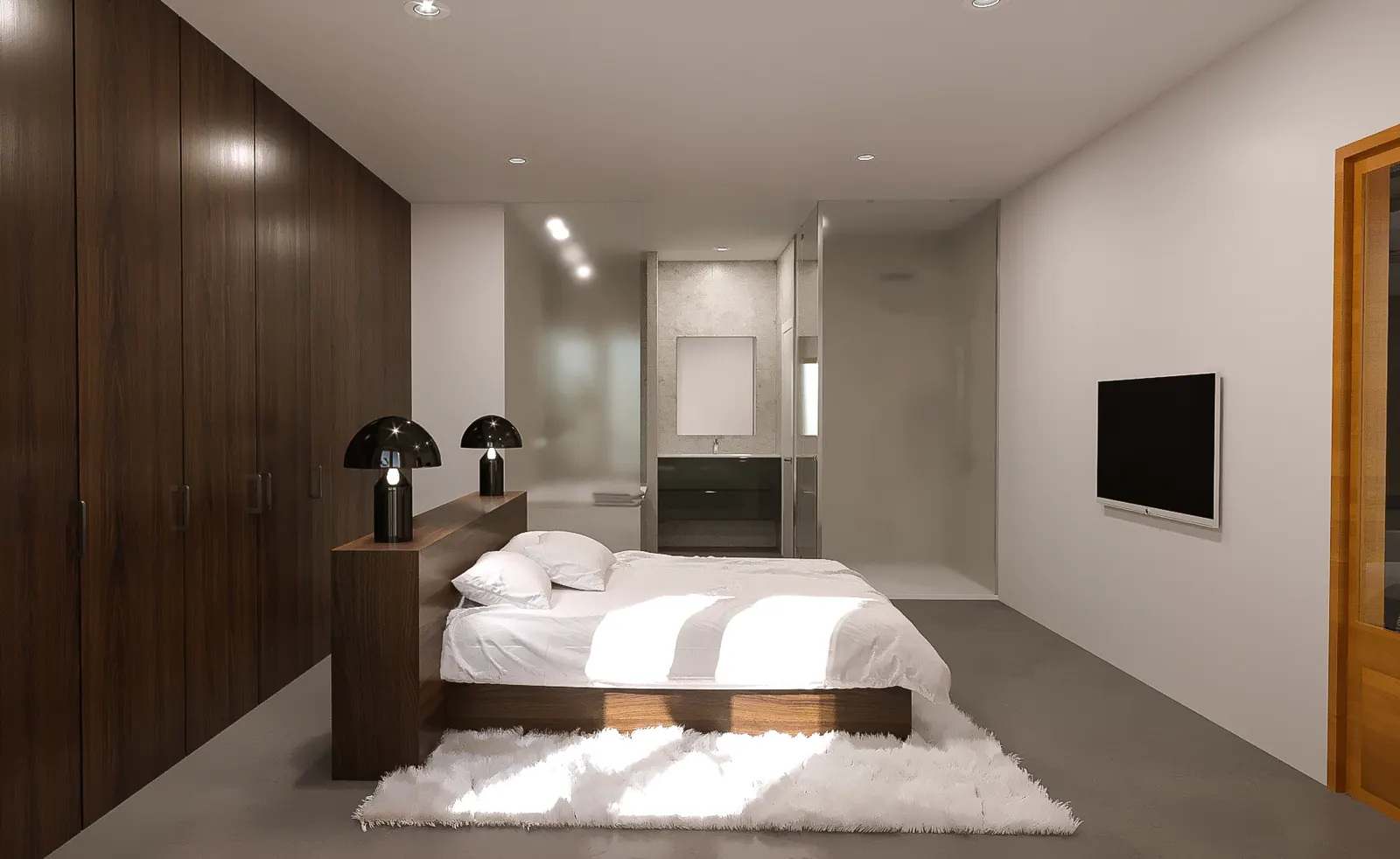 LLd luxury apartment proposal — bedroom with low wooden bed, dark wood panelling and glass-enclosed en-suite