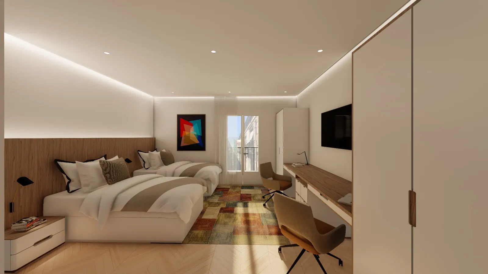 LLd student accommodation proposal — bedroom with two twin beds, shared desk and colourful geometric rug