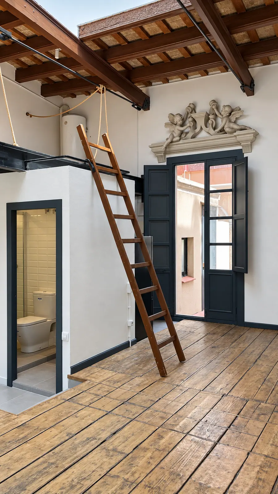 AiP third-floor loft with ladder, doorway and bathroom