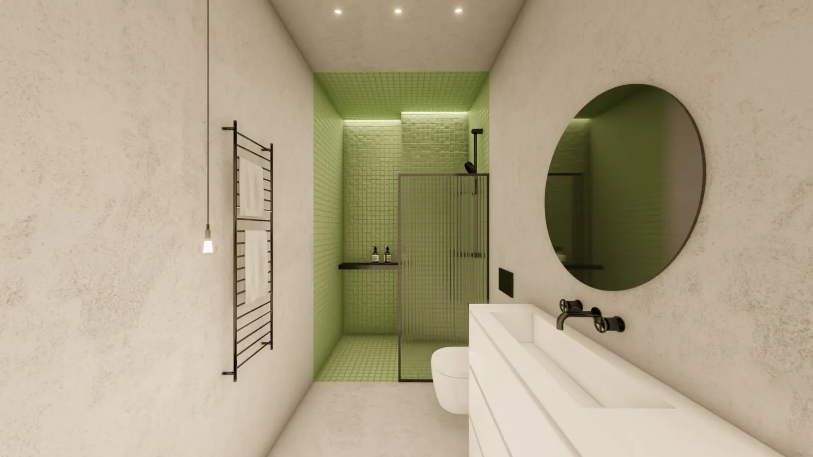 LLd student accommodation proposal — narrow bathroom with sage green shower tiles and round mirror