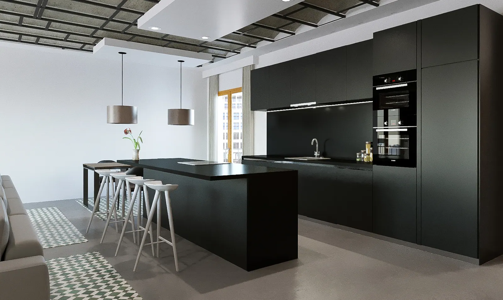 LLd luxury apartment proposal — kitchen with matt black cabinetry and island with white bar stools