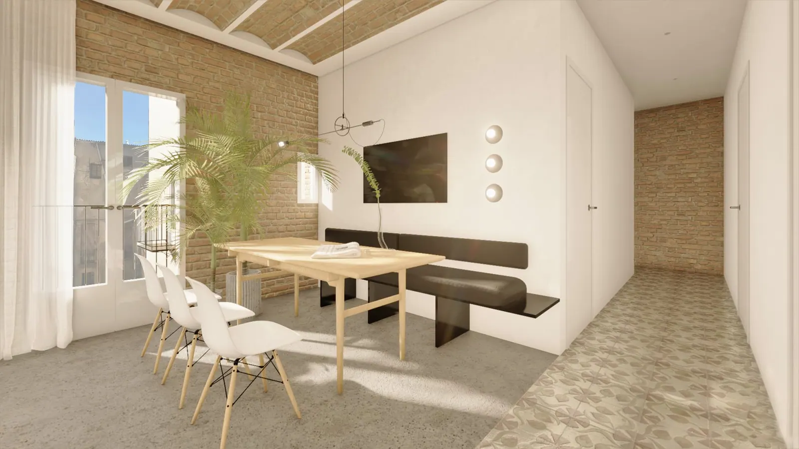 LLd student accommodation proposal — shared dining area with light wood table, white chairs and black bench against brick wall