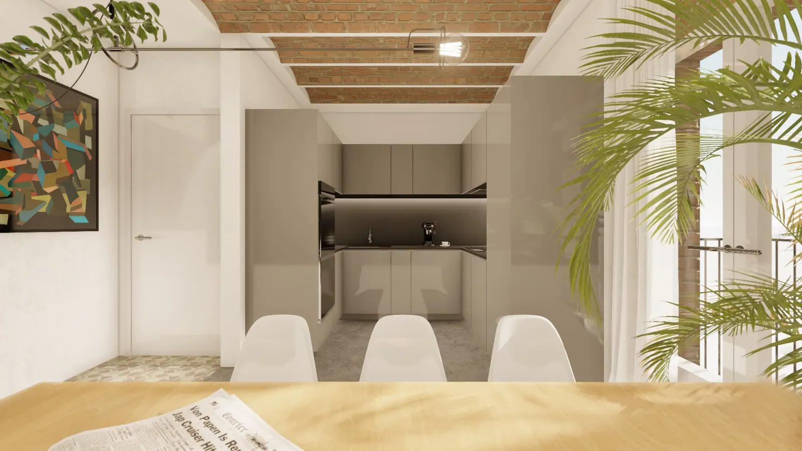 LLd student accommodation proposal — view from dining table towards compact grey kitchen under vaulted brick ceiling