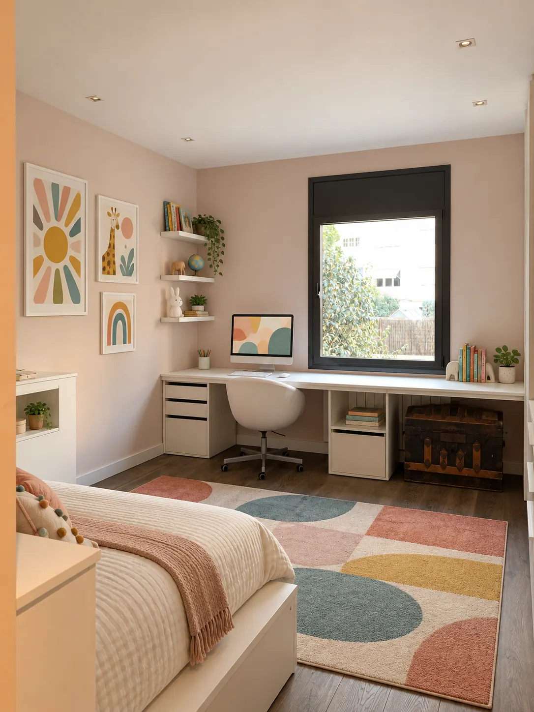 BiG bedroom and home office with white desk, patterned rug in teal and mustard, and framed prints on a dusty pink wall