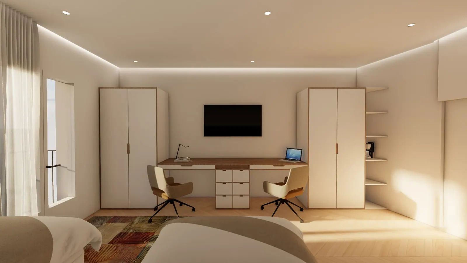 LLd student accommodation proposal — bedroom workspace with long double desk, white wardrobes and wall-mounted television