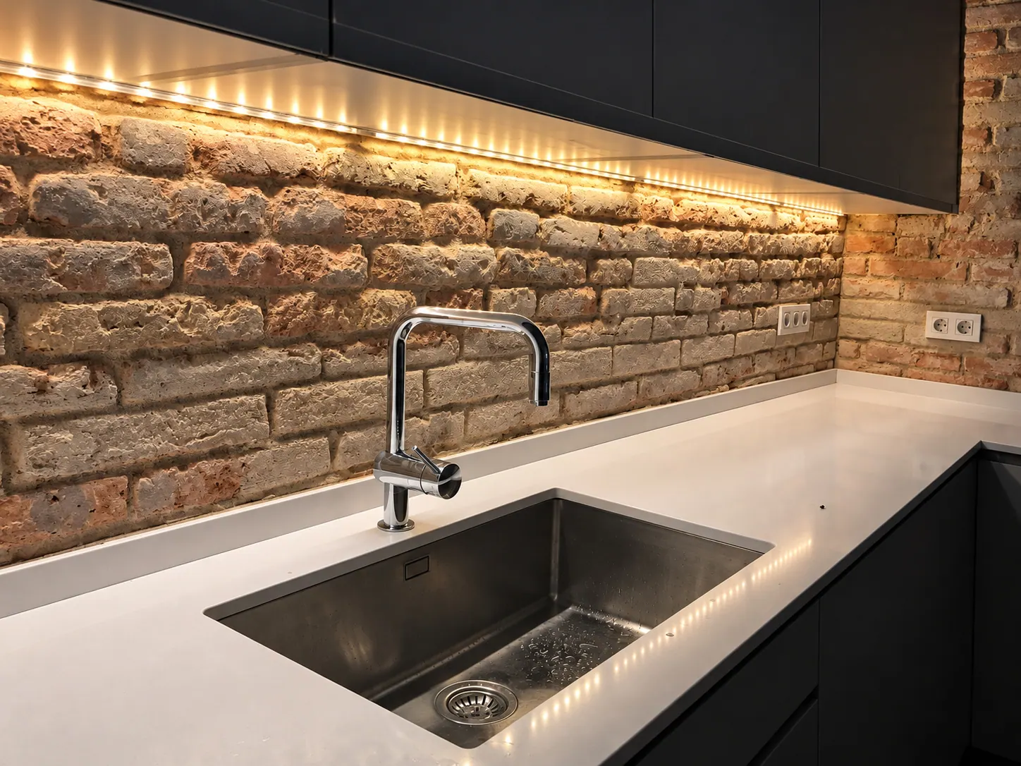 TrF kitchen sink and chrome tap against a backlit exposed brick wall