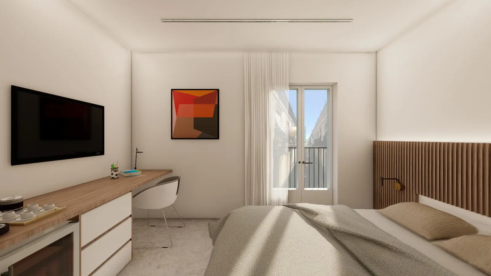 LLd student accommodation proposal — view from bed towards balcony door with desk and television