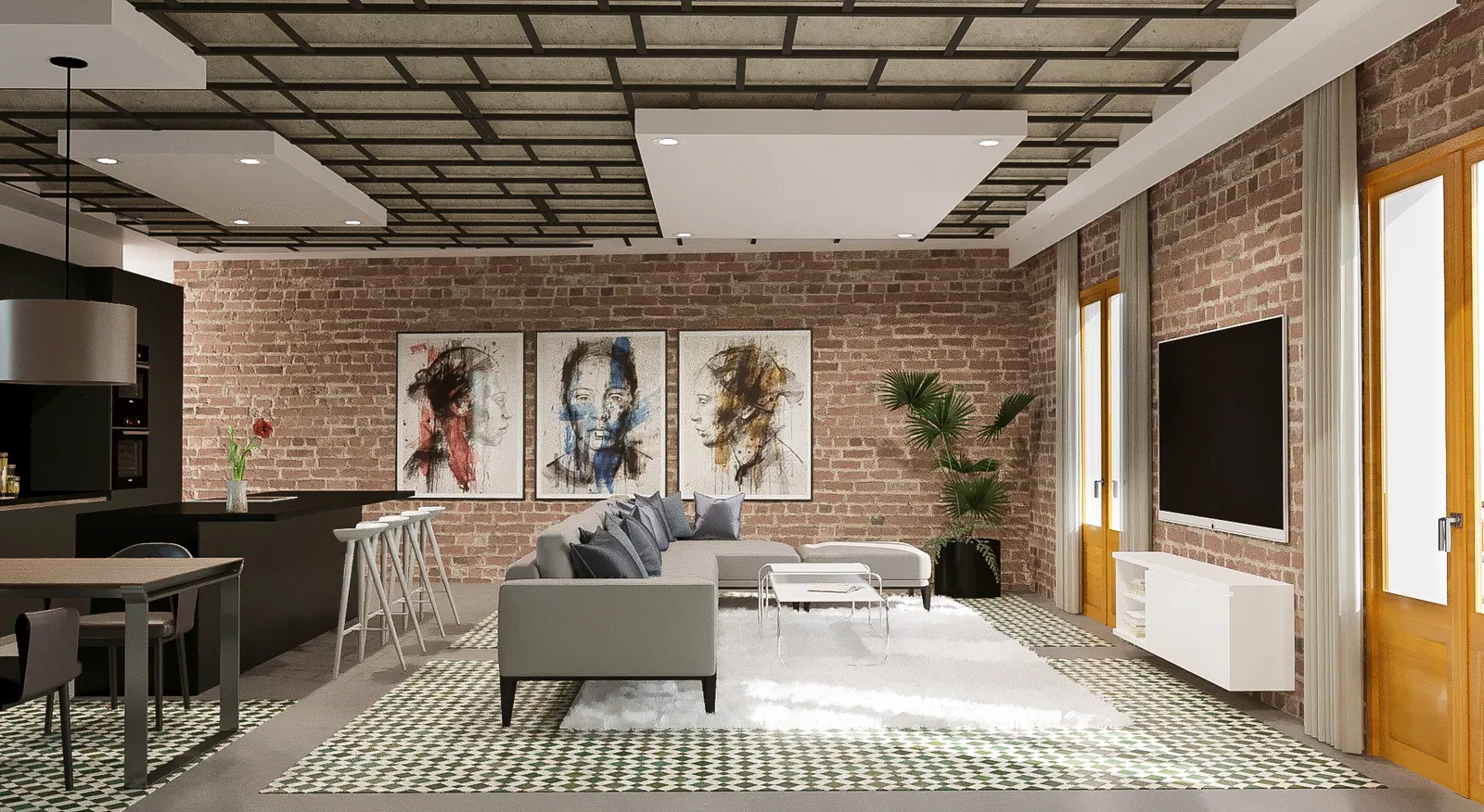LLd luxury apartment proposal — open living area with exposed brick, portraits and grey sectional sofa on patterned tile