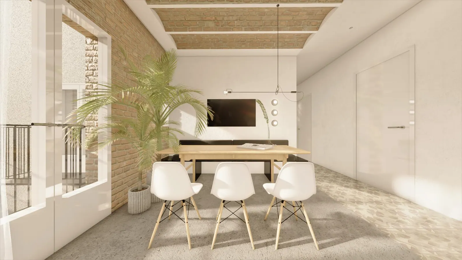 LLd student accommodation proposal — dining room with wooden table and white chairs against a plain white wall