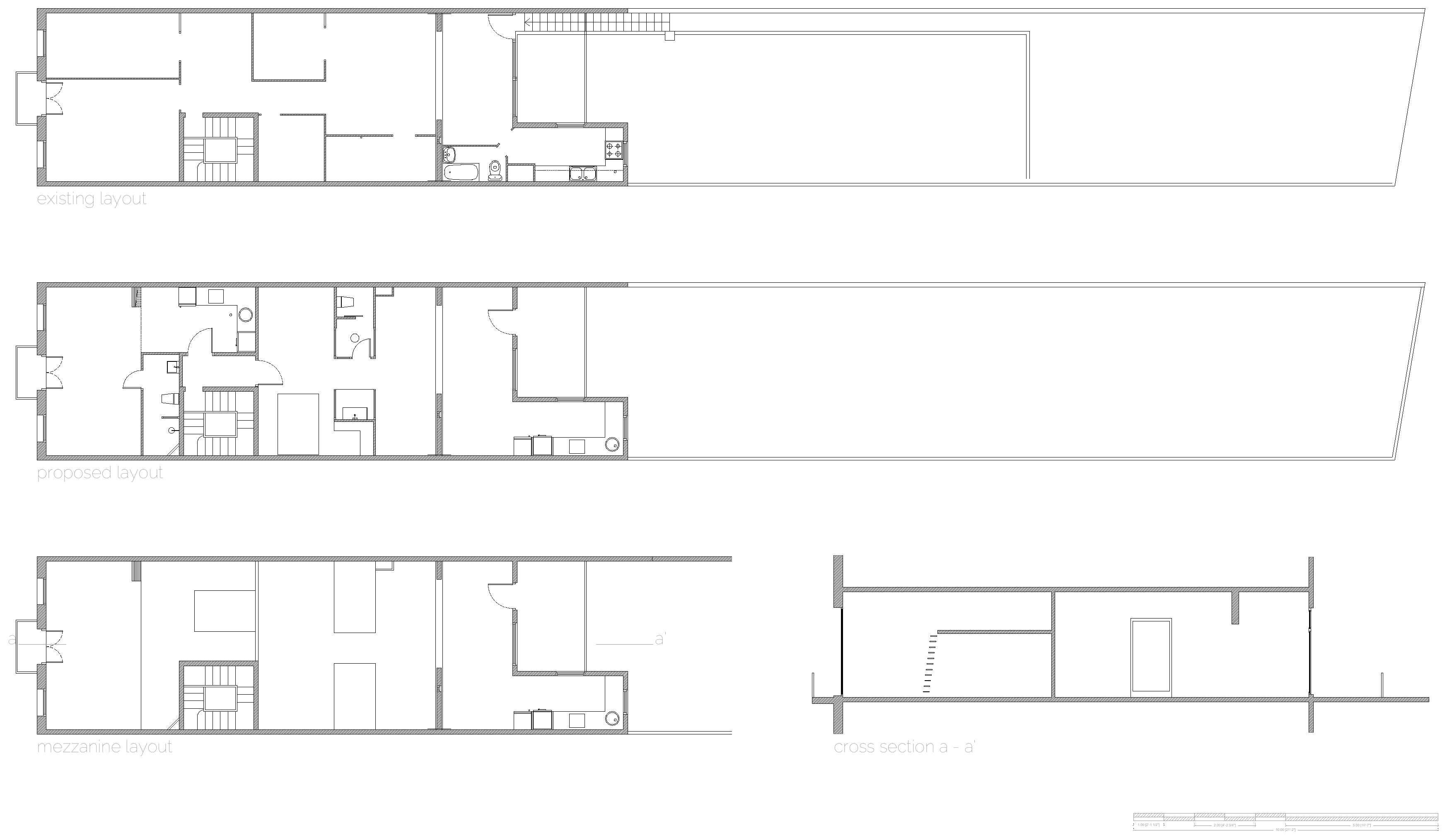 AiP first- and second-floor refurbishment: original plan, two proposed cut levels, and section