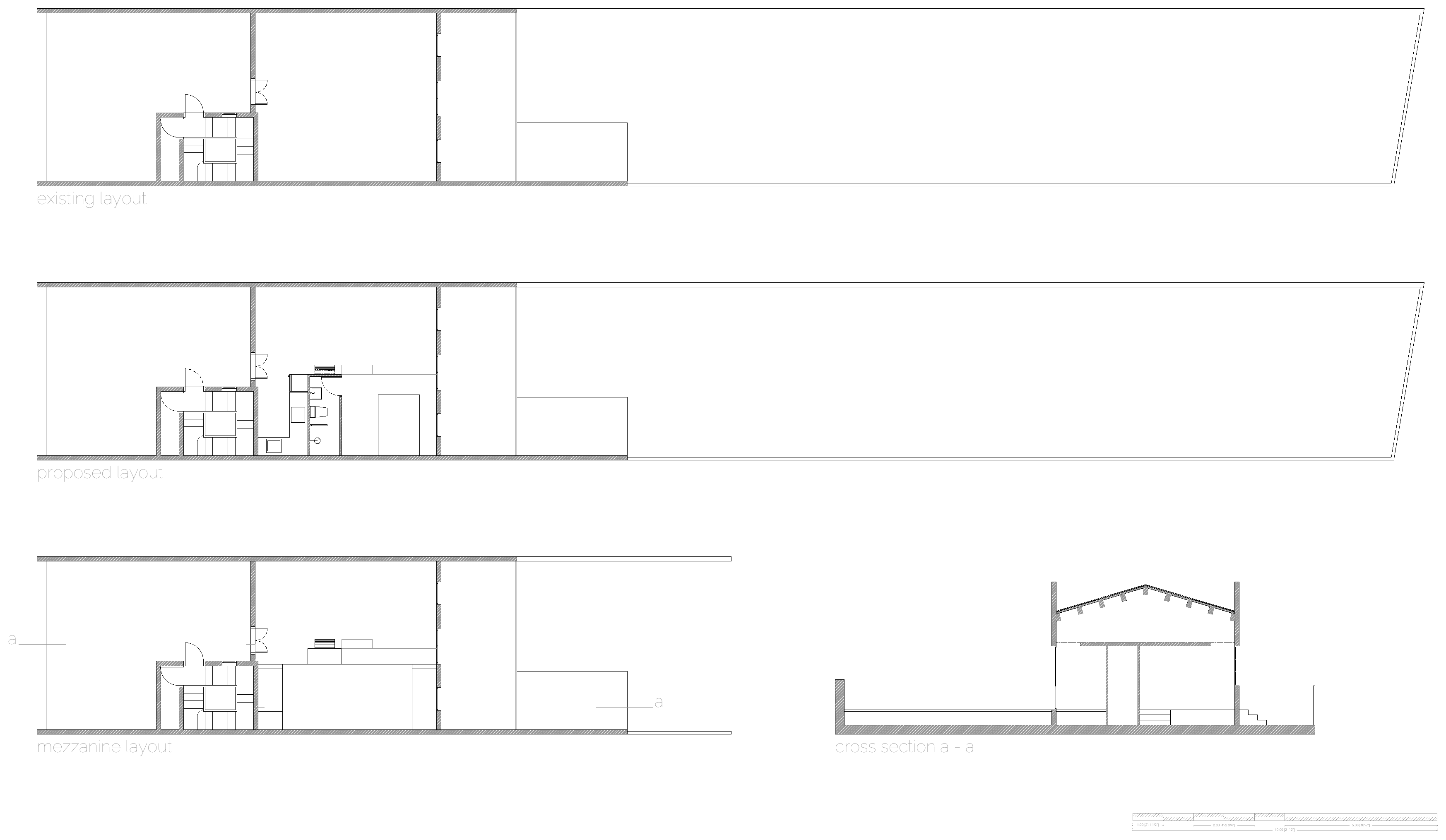 AiP third-floor refurbishment: original plan, two proposed cut levels, and section